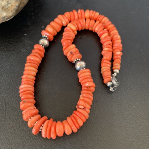 Native American Navajo Pink Coral Bead Necklace | Sterling Silver | 18" | 13229 - Masha USA