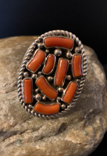 Navajo Red Coral Cluster Ring | Authentic Native American Sterling Silver | Multi-Stone | Sz 9 | 00509