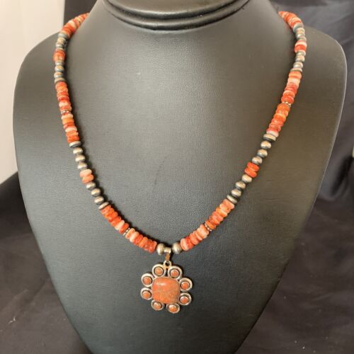 Navajo Pearl Necklace with Red Apple Coral, Spiny Oyster Pendant Multi-Stone | Authentic Native American Sterling Silver | Multi-Stone | 12372