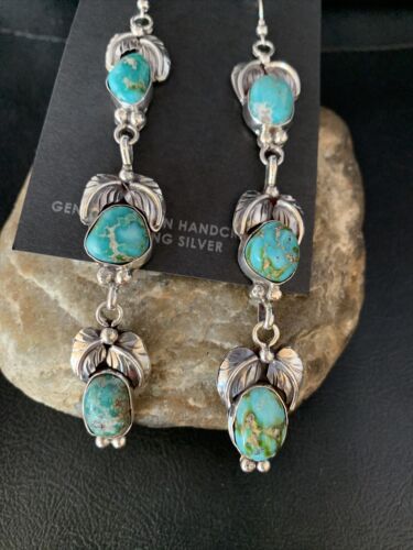 Navajo Sonoran Gold Turquoise Earrings | Sterling Silver | 3 Dangle | Authentic Native American Handmade | 13926