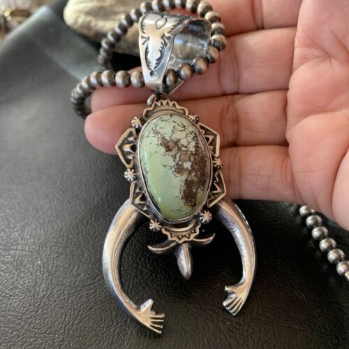 Navajo Green Spiderweb Turquoise Necklace with Naja Pendant | Sterling Silver | Authentic Native American Handmade | 2246 - Masha USA
