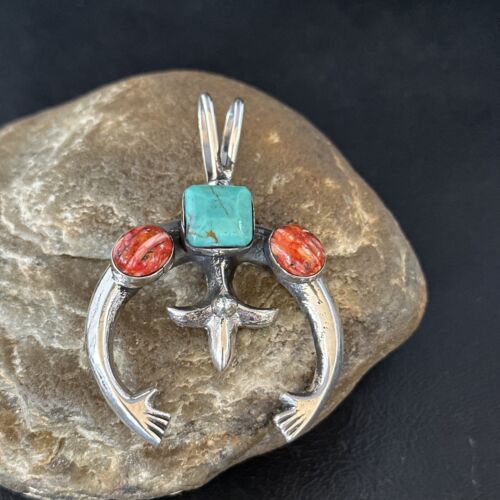 Navajo Blue Turquoise Red Spiny Oyster Naja Pendant | Sterling Silver | Authentic Native American Handmade | 14679