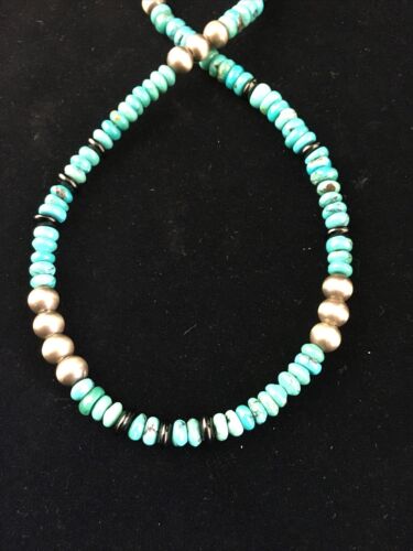 Native American Sterling Silver Necklace | Blue Turquoise & Onyx | 18" | 10027