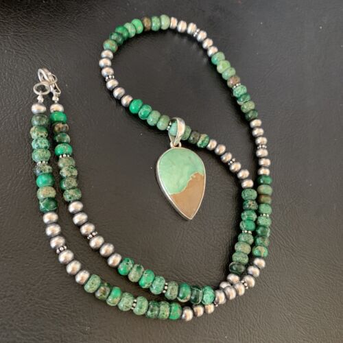 Navajo Green Turquoise Pendant Necklace | Sterling Silver Beads | Authentic Native American Handmade | 13366