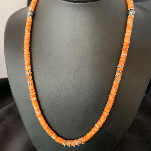 Navajo Pearls Orange Spiny Oyster Necklace | Sterling Silver | 20" | 6mm | Authentic Native American Handmade | 12949
