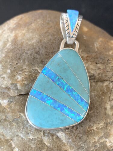 Men's Women's Navajo Blue Turquoise Opal Inlay Pendant | Sterling Silver | Authentic Native American Handmade | 12488