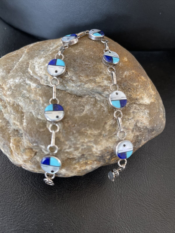 Navajo Blue Turquoise Lapis Inlay Link Bracelet | Sterling Silver | 8" | Authentic Native American Handmade | 1454