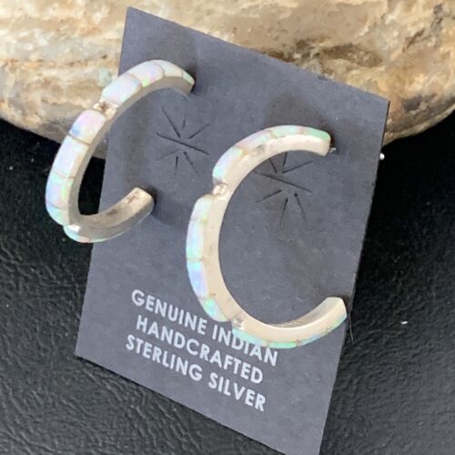 Navajo White Opal Inlay Hoop Earrings | Sterling Silver | 1" | Authentic Native American Handmade | 12128