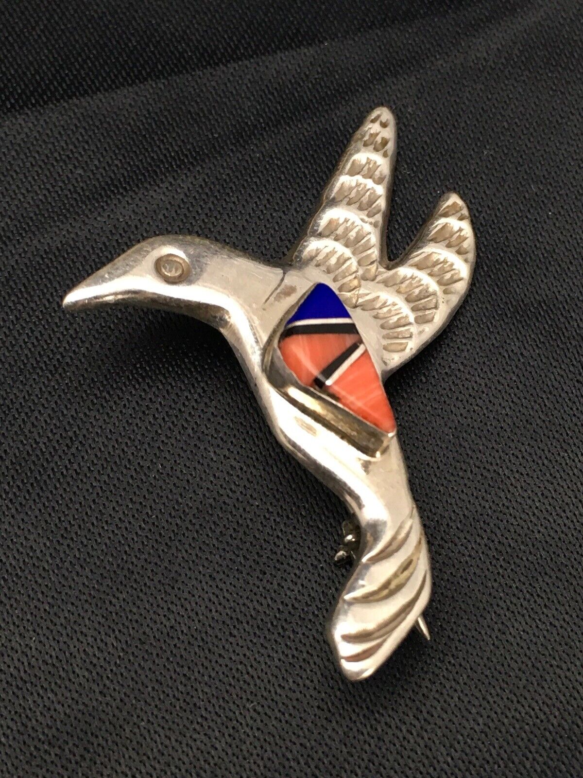 Navajo Spiny Oyster Lapis Hummingbird Pin | Sterling Silver | Authentic Native American Handmade | 2902