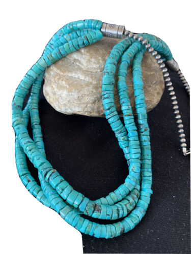 Navajo 3-Strand Turquoise Heishi Necklace | Sterling Silver | 24" | Authentic Native American Handmade | 11776