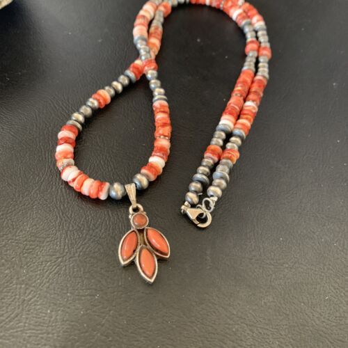 Navajo Pearl Necklace with Red Apple Coral, Spiny Oyster Pendant | Authentic Native American Sterling Silver | Multi-Stone | 12388
