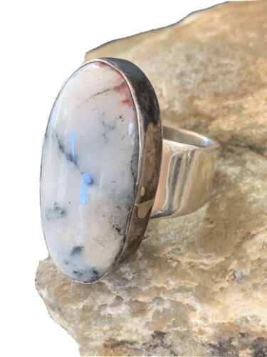 Southwestern Navajo Cinnabrite Ring | White Black | Sterling Silver | Sz 7.5 | 01560