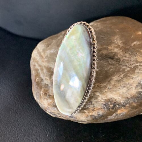 Native American Green Mother of Pearl Inlay Ring | Navajo Sterling Silver | Sz 7 | 12938