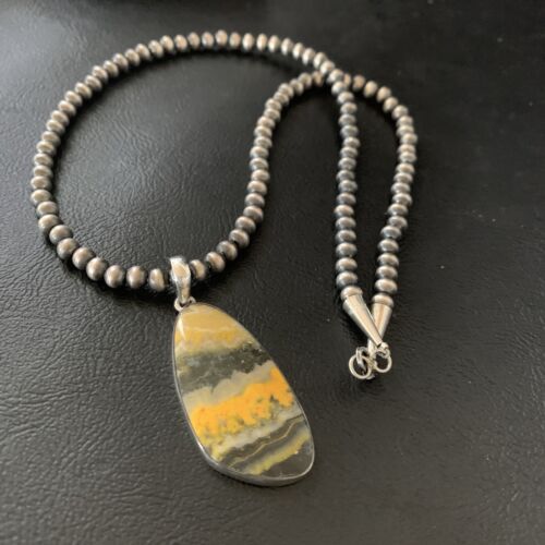 Navajo Yellow Bumblebee Jasper Pendant Necklace | Sterling Silver | Authentic Native American Handmade | 12808