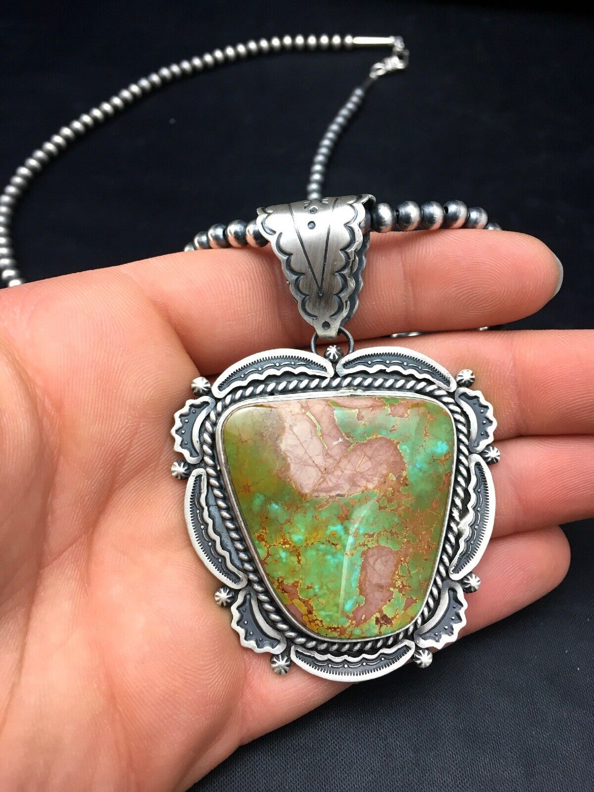 Royston Turquoise Pendant | Navajo Pearls Sterling Silver Necklace | Authentic Native American Handmade | 4276