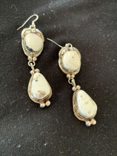 Navajo White Buffalo Turquoise Dangle Earrings | Sterling Silver | 2.50" | Authentic Native American Handmade | 1665