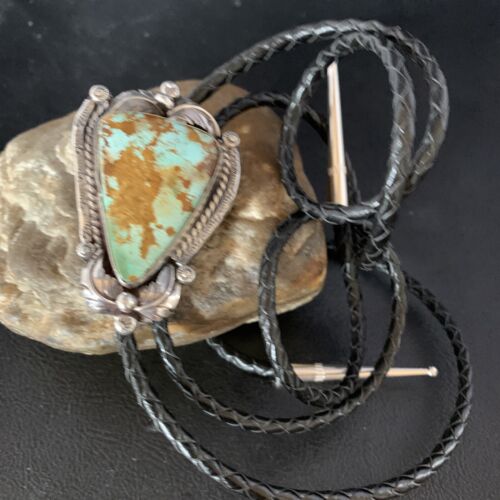 Navajo Green Royston Turquoise Bolo Tie | Sterling Silver | Authentic Native American Handmade | 14109