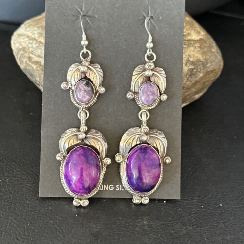 Navajo Purple Sugilite Dangle Earrings | Sterling Silver | 2" | Authentic Native American Handmade | 14402