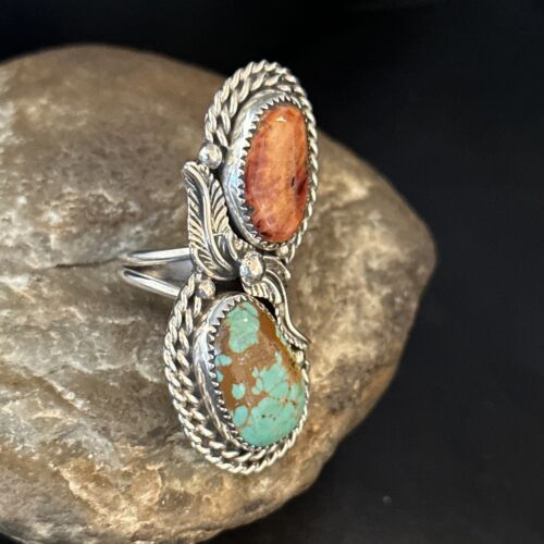 Navajo Women's Turquoise Spiny Oyster Multi-Stone Ring | Authentic Native American Sterling Silver | Multi-Stone | Sz 7.5 | 14489