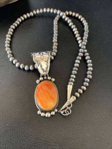 Navajo Orange Spiny Oyster Pendant Necklace | Sterling Silver | Authentic Native American Handmade | 13082