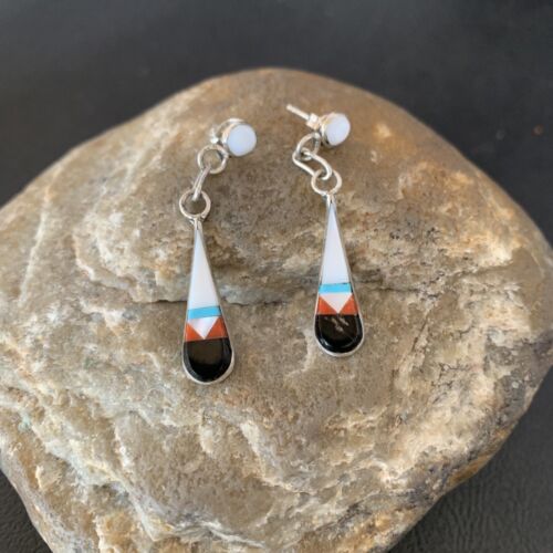 Old Pawn Zuni Multi-Color Turquoise Onyx Inlay Earrings | Sterling Silver | Authentic Native American Handmade | 2043