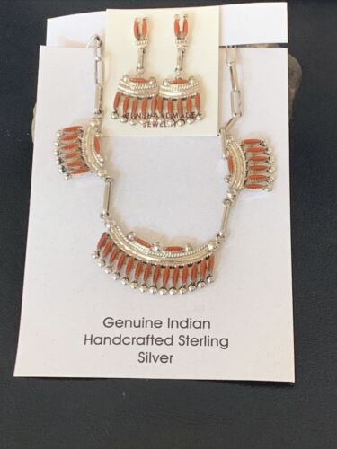 Zuni Coral Sterling Silver Petite Point Needle Necklace Pendant Earrings Set | Authentic Native American Handmade | 11909