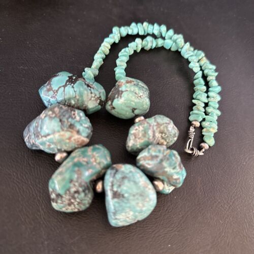 Navajo Chunky Blue Turquoise Necklace | Sterling Silver | Authentic Native American Handmade | 20" | 14414 - Masha USA