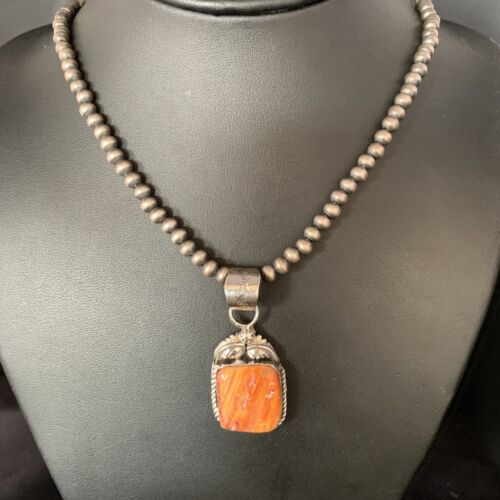 Navajo Orange Spiny Oyster Pendant | Sterling Silver | Authentic Native American Handmade | 13638