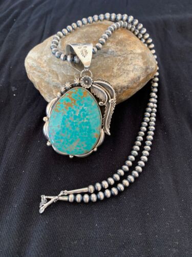 Men's Turquoise #8 Pendant | Navajo Pearls Sterling Silver Necklace | Authentic Native American Handmade | 4619