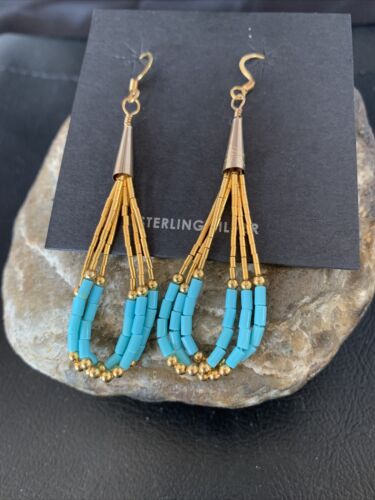 Navajo Blue Turquoise Dangle Heishi Earrings | Liquid Gold Filled Tubes | 2" | 13032