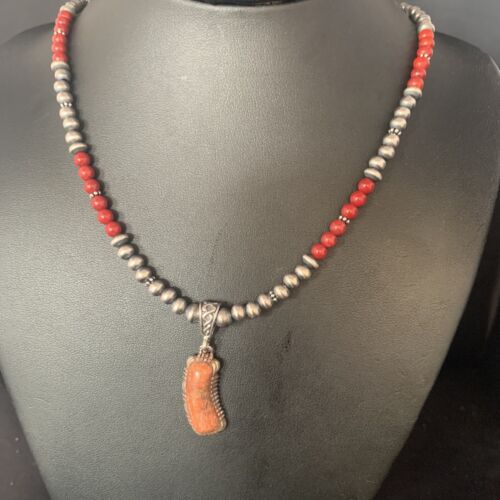 Red Apple Coral & Navajo Pearls Sterling Silver Bead Necklace with Pendant | Authentic Native American | 13437