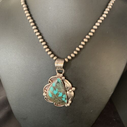 Navajo Spiderweb Turquoise Pendant Necklace | Sterling Silver | 2.25" | Authentic Native American Handmade | 14060