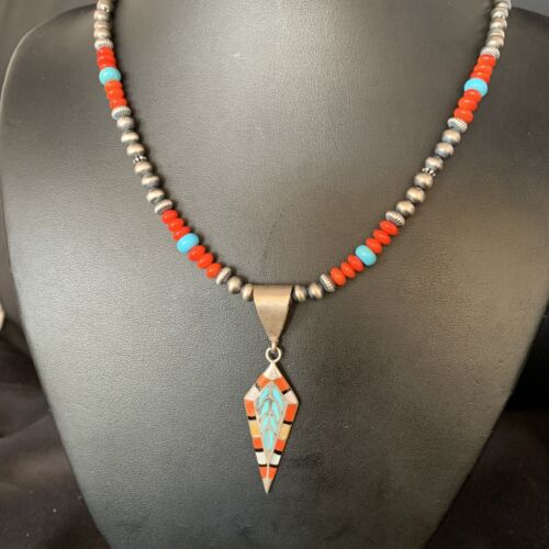 Navajo Blue Turquoise Coral Pendant Necklace | Sterling Silver Inlay | Authentic Native American Handmade | 13840