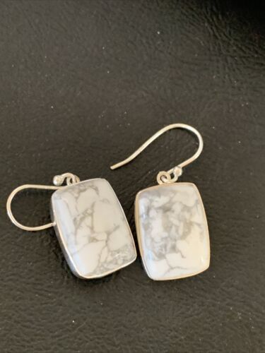 Navajo Sterling Silver White Howlite Black Dangle Rectangle Earrings | 0.75" | 12071