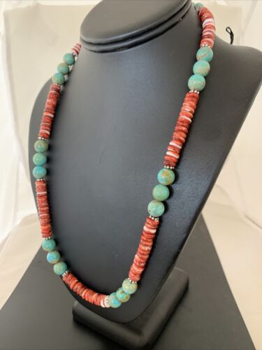 Men's Royston Turquoise & Red Spiny Necklace | Navajo Pearl | Sterling Silver | Native American | 22" | 02173