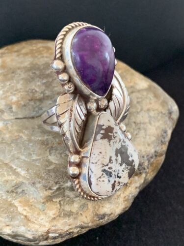 Navajo White Buffalo Turquoise & Sugilite Ring | Authentic Native American Sterling Silver | Multi-Stone | Sz 9.5 | 00310