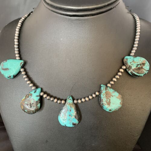 Navajo Teardrop Blue Turquoise Necklace | Sterling Silver Pearls | 20" | Authentic Native American Handmade | 13962