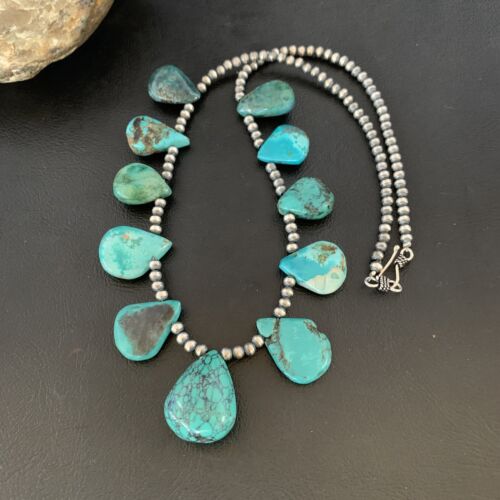 Southwestern Navajo Pearls Necklace | Sterling Silver | Blue Turquoise Teardrop | 13150