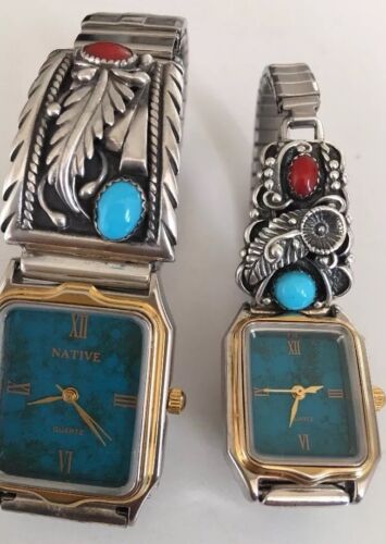 Navajo Sterling Silver Turquoise Coral Watch Set | His & Hers | Authentic Native American Handmade