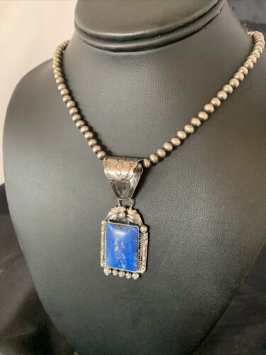 Navajo Denim Lapis Necklace with Pendant | Sterling Silver Pearls | Authentic Native American Handmade | 12440