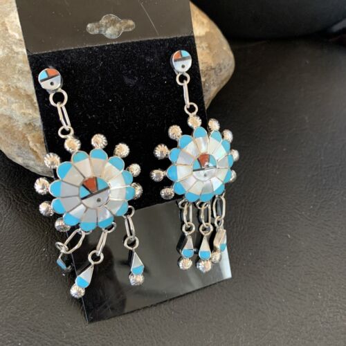 Zuni Sun Face Kingman Turquoise White Mother of Pearl Dangle Earrings | Sterling Silver | 12125