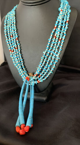 Southwestern Santo Domingo Blue Turquoise Coral Jacla Necklace | 5 Strand | 34" | Native American Handmade | 13180