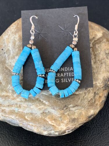 Navajo Turquoise Heishi Sterling Silver Pearls Beads Earrings | 1.5" | Authentic Native American Handmade | 13044