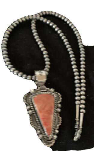 Navajo Red Spiny Oyster Pendant with Sterling Silver Pearls Necklace | Authentic Native American Handmade | 01657