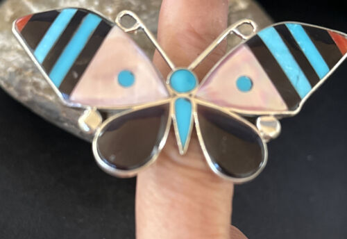 Zuni Butterfly Inlay Ring | Coral Turquoise Onyx Mother of Pearl | Sz 7 | Sterling Silver | 14435