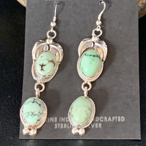 Navajo Green Spiderweb Turquoise Dangle Earrings | Sterling Silver | Authentic Native American Handmade | 13551