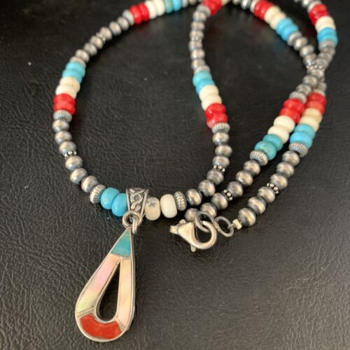 Navajo Pearls Wild Horse Turquoise Necklace Inlay Pendant | Sterling Silver | Authentic Native American Handmade | 13885