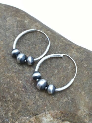 Navajo Sterling Silver Hoop Earrings | Authentic Native American Pearls | Handmade | 3108