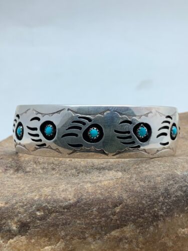 Navajo Turquoise Shadow Box Bear Paw Bracelet | Sterling Silver | Authentic Native American Handmade | 4610