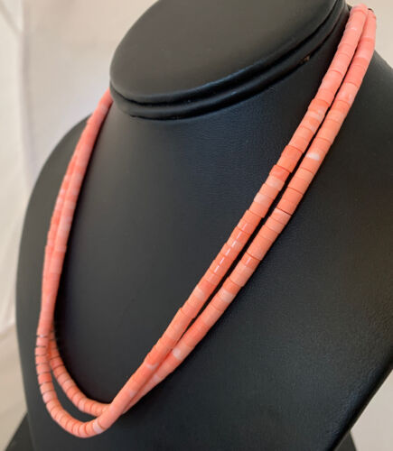Navajo Pink Coral 2 Strand Heishi Bead Necklace | Sterling Silver Tube | 16" | Authentic Native American | 00758